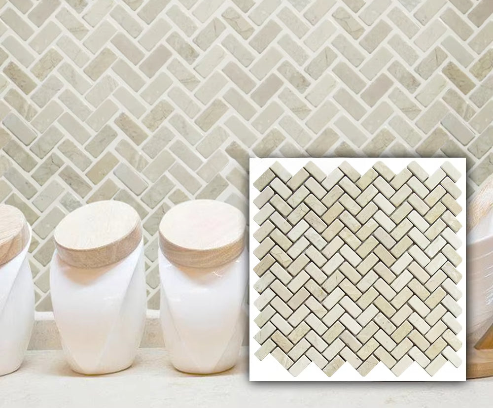 300X300MM High Quality Nature Stone New Beige Marble Mosaic Brick Tile Bathroom Floor Decoration Herringbone Marble Mosaic