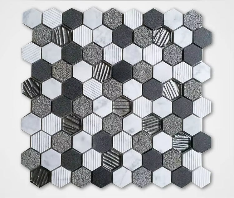 Carrara White Marble Mos Blend Dark Gray Mixed Color 3D Tiles Hexagon Glass Mosaic Honeycomb Glass Tile For Kit