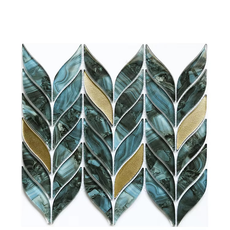 Green glass waterjet mosaic cutting wall tile leaf pattern