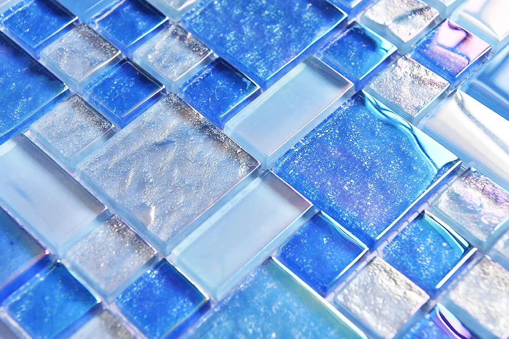 Iridescent  Shiny Crystal Bathroom Shower Wall Tile Glass Mosaic Blue Color GLass Tiles