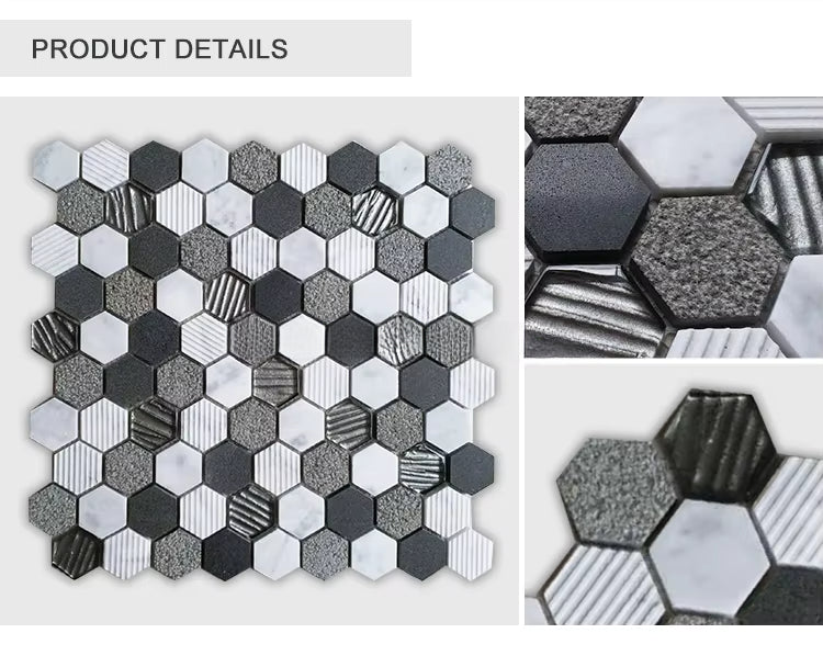 Carrara White Marble Mos Blend Dark Gray Mixed Color 3D Tiles Hexagon Glass Mosaic Honeycomb Glass Tile For Kit